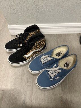 Vans Black Leopard High-Top & Blue Canvas Low-Top Sneakers size 8 & 8.5
